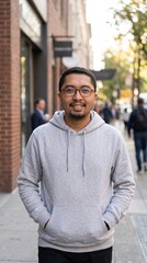Fototapeta premium Man wearing grey hoodie walking on city street mockup for apparel design