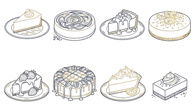 Collection of delicious cheesecakes and desserts, hand-drawn line art illustrations.