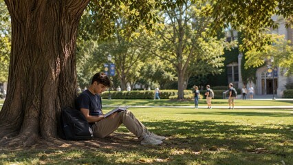 Fototapeta premium A male student sits on the grass leaning against a large tree while reading a book. The scene captures academic focus on a sunny university campus. Educational content.