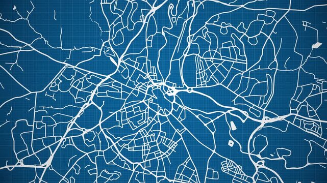 Ink reveal animation of Derby city, Derbyshire, England, United Kingdom, grid map. Aerial top view. Blueprint style. White lines with blue background. 4K Seamless loop.