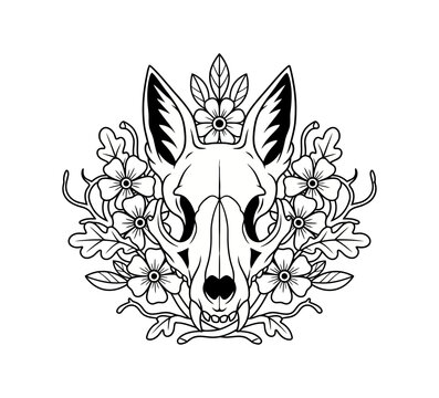 Black and white line art illustration of a wolf skull decorated with delicate flowers and leaves