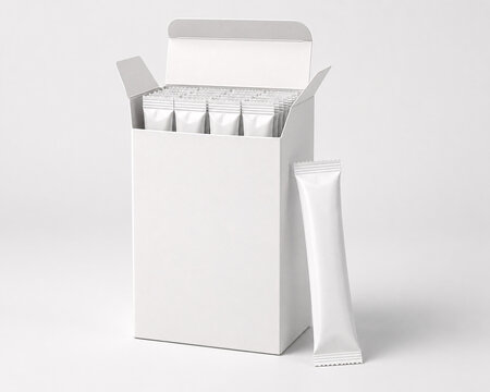 Blank white open cardboard packaging box filled with stick sachets mockup