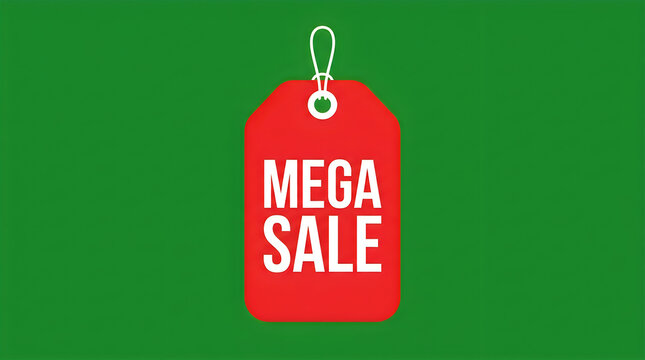 Red sale tag with mega sale text on green background