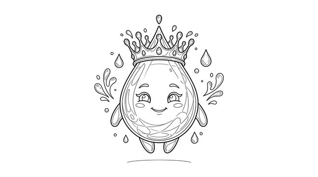 Cute waterdrop vector character wearing a crown coloring book style