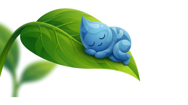 Cute waterdrop vector character sleeping on a green leaf