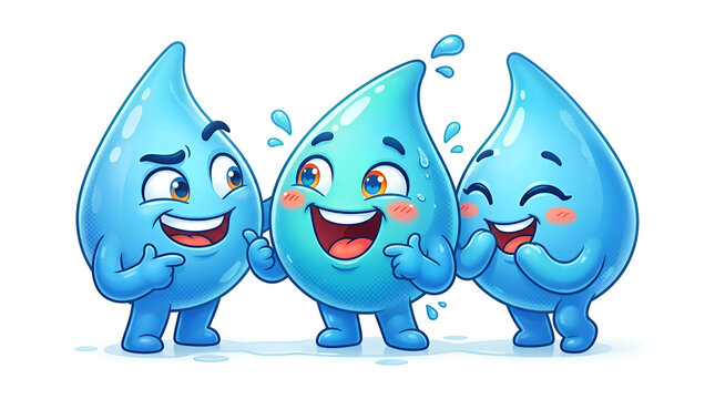Three happy waterdrop vector cartoon characters laughing together