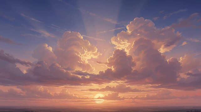 sunset over calm ocean with dramatic clouds at horizon