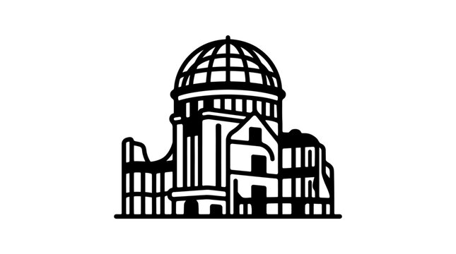 Minimalist black and white line art illustration of the Hiroshima Peace Memorial dome.