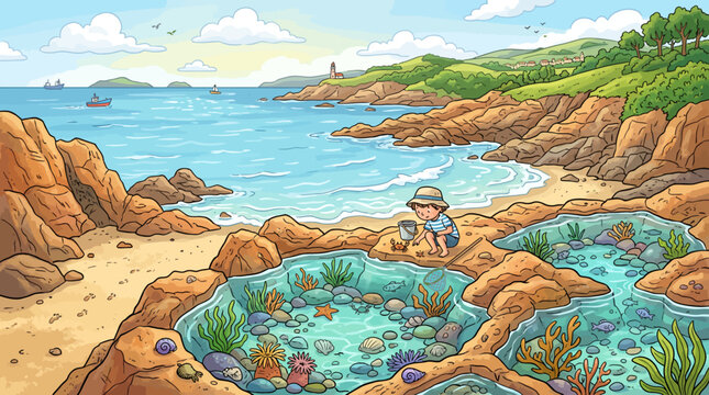 A young child exploring a rocky tide pool on a sunny coastal beach.