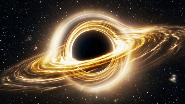 black hole accretion disk in space with glowing ring and stars