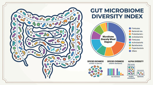 Gut Microbiome Diversity Index Infographic with Human Intestine Illustration.