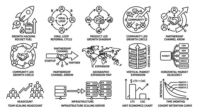 Business Growth and Scaling Strategy Icon Set.