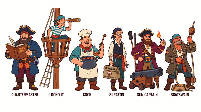 Cartoon pirate crew roles illustration featuring diverse pirate characters on white background.