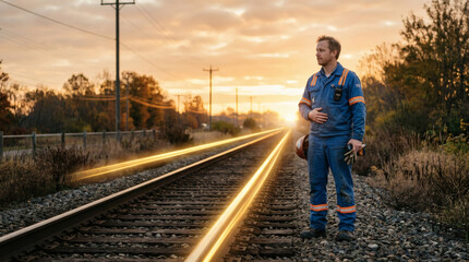 Obraz premium Railway Technician Contemplates Future on Tracks at Sunset