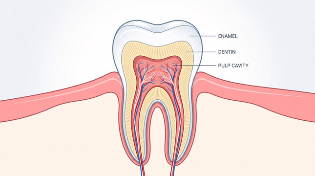 Anatomical cross section diagram of a human tooth showing enamel dentin and pulp cavity.