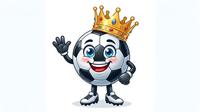 Royal soccer ball mascot waving a charming sports illustration