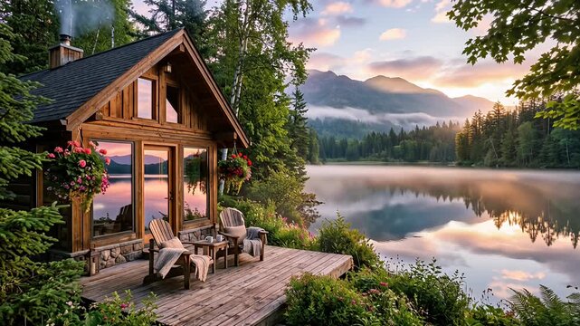 lakeside cabin with outdoor seating by calm mountain lake at sunset