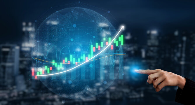 A business professional points at an evolving graph symbolizing growth and success, set against a stunning city backdrop, showcasing modern finance and innovation. Impute
