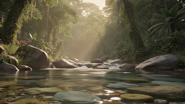 sunlit forest stream with pebbles and rocks in tranquil river
