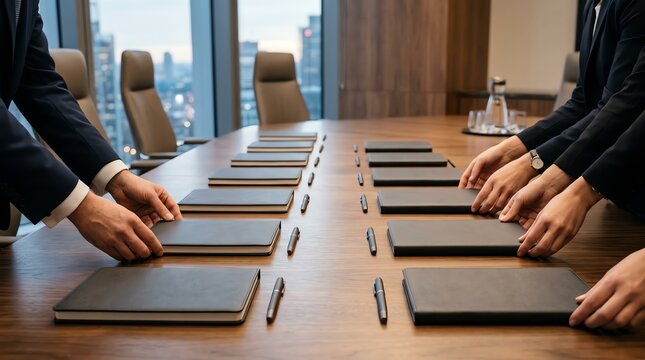 Business executives preparing for a meeting, arranging folders on a conference table in a modern office with a city view