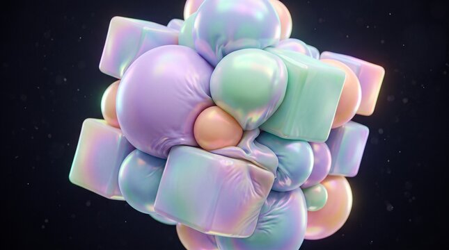 Soft squishy geometric spheres and cubes in pastel holographic colors colliding. Playful surreal abstract background.