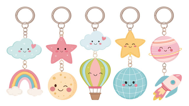 Whimsical celestial keychain set with animated smiling faces