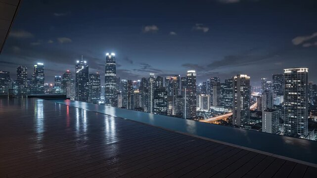 city skyline at dusk from rooftop pool overlooking water