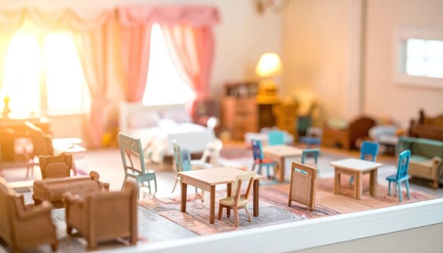 Miniature furniture set inside lit dollhouse room.