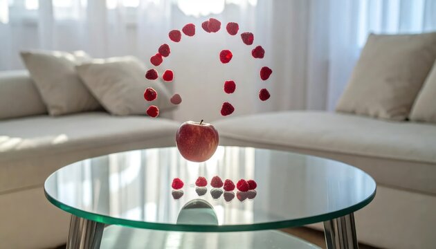 Red apple and berries levitating above glass table.