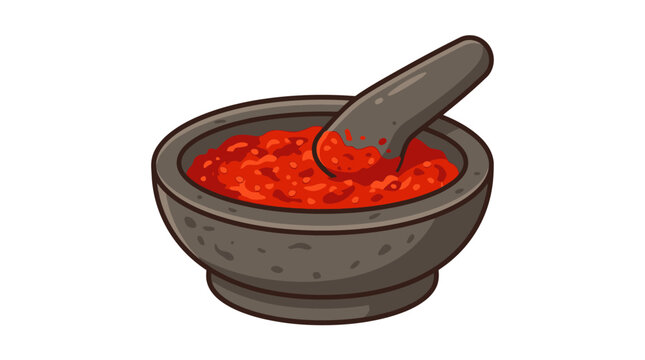 A stone mortar and pestle filled with vibrant red chili sambal sauce.