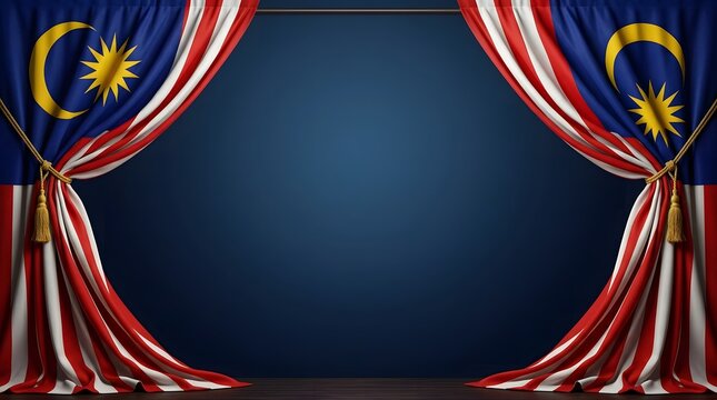 Creative horizontal background showing the Malaysian flag arranged like open stage theater curtains against a dark blue spotlight backdrop.