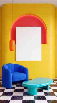 Neo Deco Interior with Blue Armchair and Blank Poster Mockup