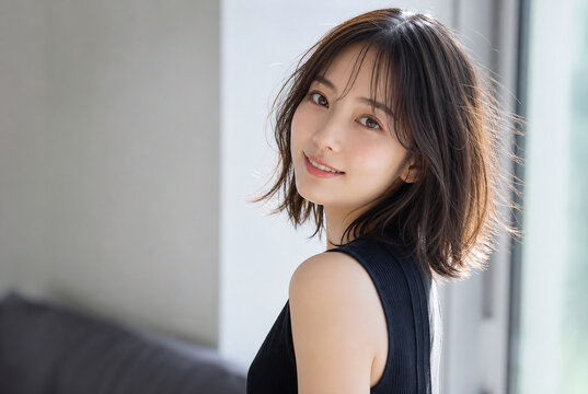 振り返り笑顔を見せる美しい女性のポートレート Generative AI