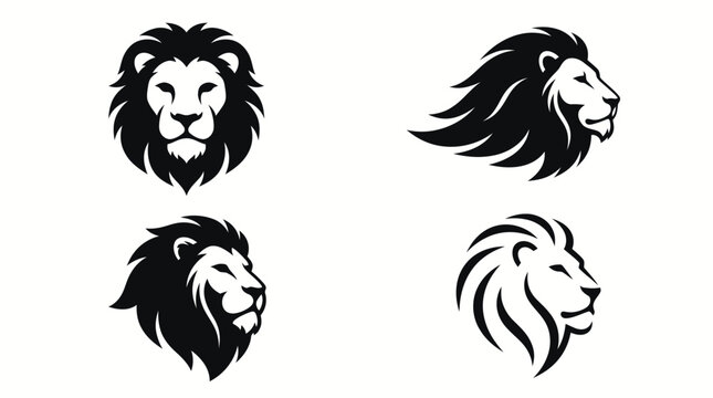 Set of four artistic lion head illustrations in black and white.