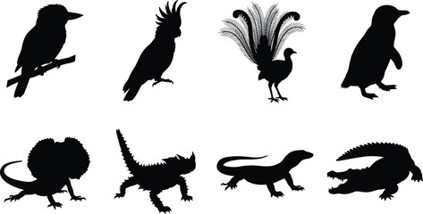 Black silhouette vector set of Australian native wildlife featuring exotic birds reptiles cockatoo crocodile and frilled lizard © Rokon