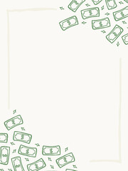Fototapeta premium Blank rectangular invitation card layout with cute hand drawn filled green money bill corner border 