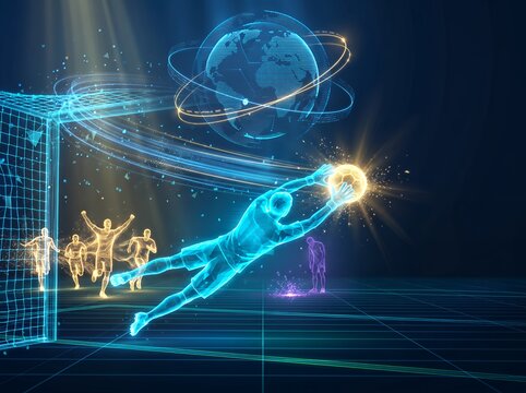 Goalkeeper making a spectacular save in a futuristic international football championship 3D cgi concept