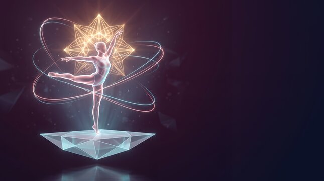 Futuristic digital athlete pose on a glowing platform with holographic atom backdrop 3D cgi render, 3D render