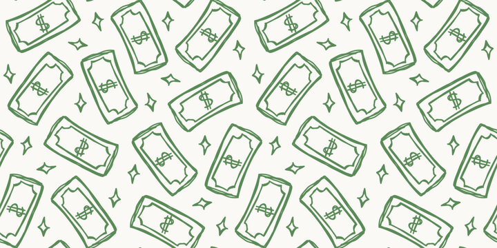 Seamless background pattern with dense hand drawn filled green money banknotes and dollar bills
