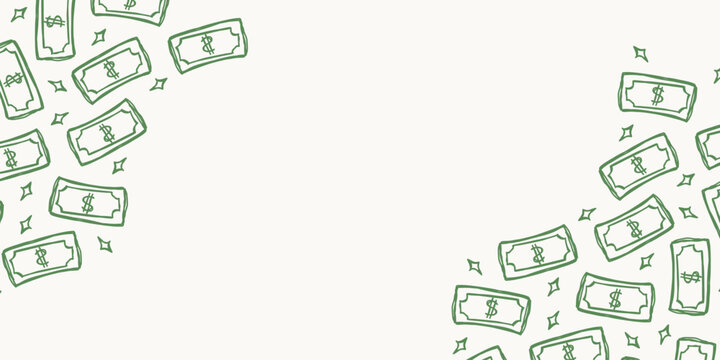 Horizontal presentation banner backdrop template with filled green money bill corner decorations
