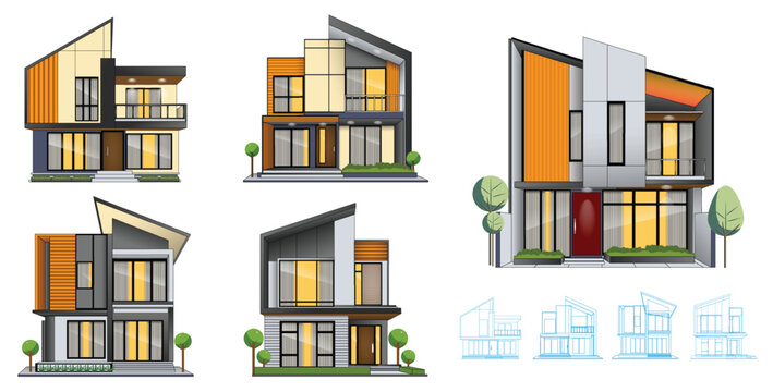 Handmade Contemporary Residential Architecture Set Illustration.  set featuring contemporary residential architecture with clean geometric forms, angular rooflines, large glass windows, balconies,  