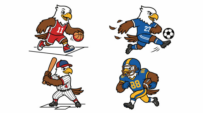 Set of cartoon eagle mascot characters playing various sports.