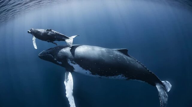 Mother and calf Humpback whale swimming ,4K
