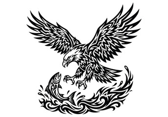 Obraz premium Majestic Fierce Eagle Hunting for Fresh Fish in Splashing Water Dynamic Action Pose Symbolizing Power Predation Nature Wildlife Wild Freedom Flight Talons Catching Prey Aquatic Movement Aerial