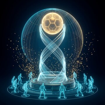 Futuristic holographic soccer championship trophy glowing with digital athlete silhouettes 3D illustration