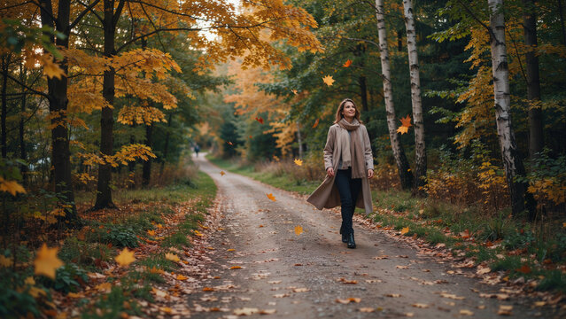 A woman walks down a path in a forest during autumn, with fallen leaves and colorful foliage.