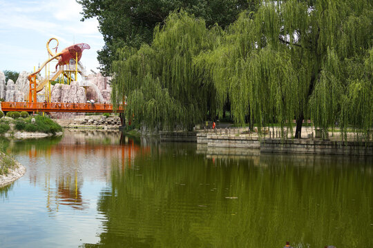 Park Water Area With Ride Structure And Willow Trees