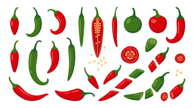 Set of chili peppers and tomatoes, whole and sliced, red and green varieties, isolated on a neutral background, playful food illustration