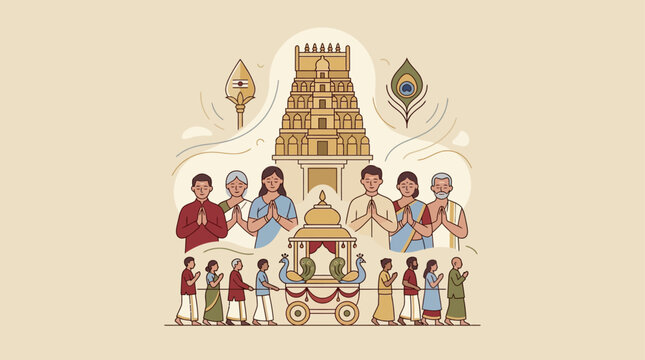 Nallur Kandaswamy Temple festival illustration. Traditional Hindu chariot procession art.