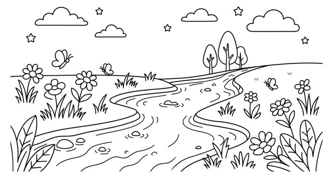 Peaceful river landscape coloring page with flowers trees and butterflies for hobbyists art.